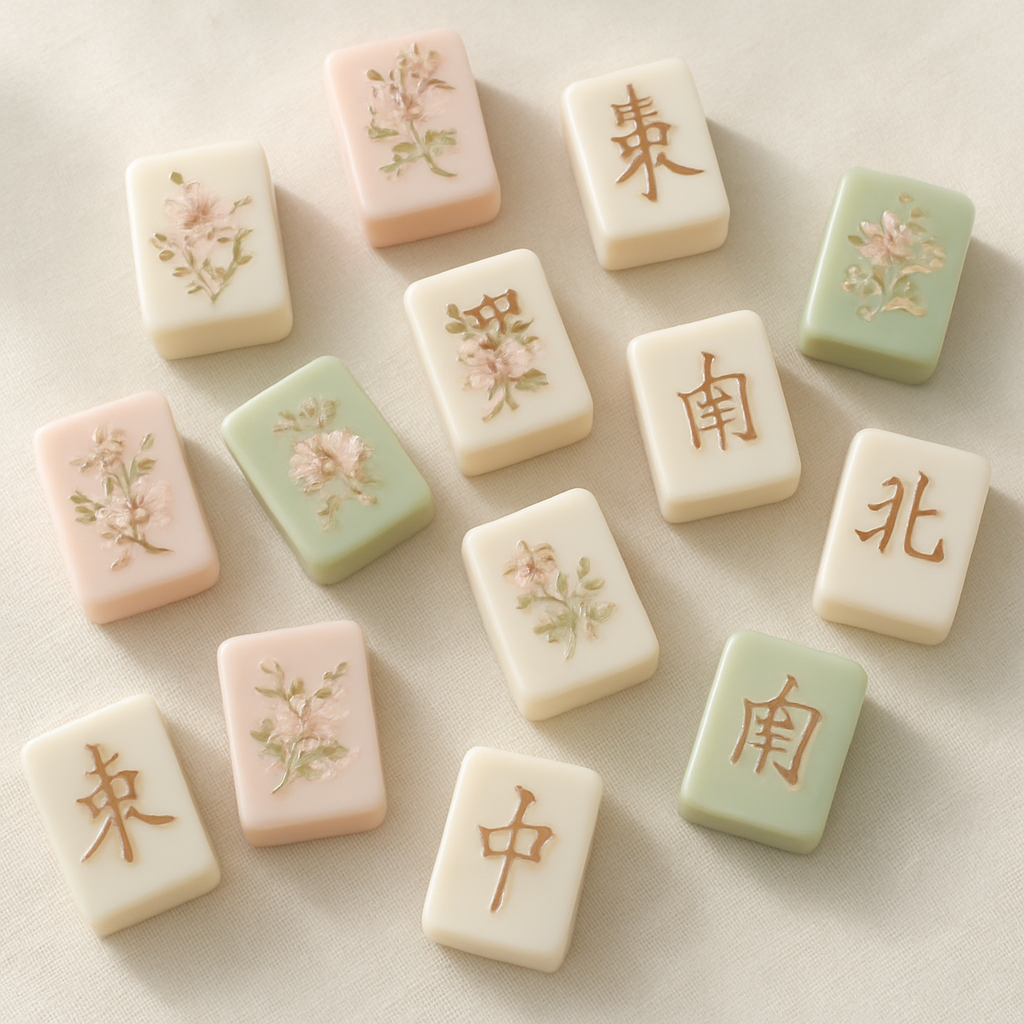 A pastel mahjong tile set arranged on cream linen